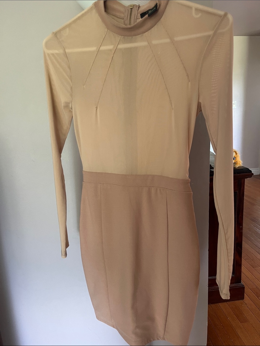 Revamped Beige Sheer Panel Long Sleeve Bodycon Dress